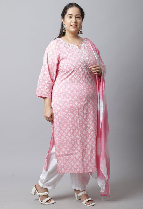 Pure Cambric Cotton Embroidered Plus Size Kurta Set With Dupatta