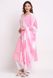 Pink And White Pure Cambric Cotton Kurta Set With Dupatta