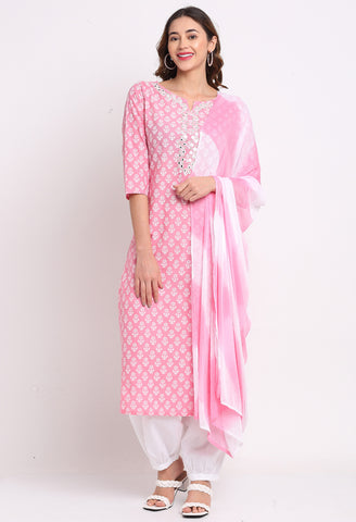 Pink And White Pure Cambric Cotton Kurta Set With Dupatta