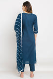 Navy Blue Pure Cambric Cotton Embroidered Kurta Set With Dupatta