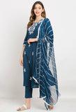 Navy Blue Pure Cambric Cotton Embroidered Kurta Set With Dupatta