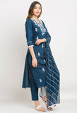 Navy Blue Pure Cambric Cotton Embroidered Kurta Set With Dupatta