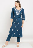 Navy Blue Pure Cambric Cotton Embroidered Kurta Set With Dupatta