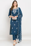 Navy Blue Pure Cambric Cotton Embroidered Kurta Set With Dupatta