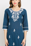 Navy Blue Pure Cambric Cotton Embroidered Kurta Set With Dupatta