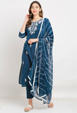 Navy Blue Pure Cambric Cotton Embroidered Kurta Set With Dupatta