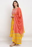 Yellow And Pink Pure Cambric Cotton Floral Embroidered Kurta Set With Dupatta