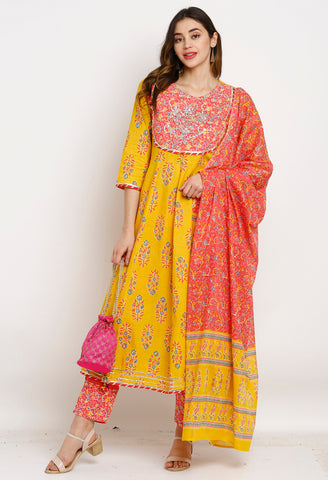 Yellow And Pink Pure Cambric Cotton Floral Embroidered Kurta Set With Dupatta