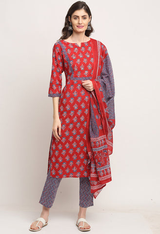 Red Pure Cambric Cotton Floral Embroidered Kurta Set With Dupatta