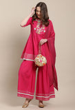 Magenta Pure Cambric Cotton Embroidered Kurta Set With Dupatta