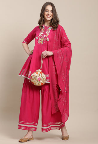 Magenta Pure Cambric Cotton Embroidered Kurta Set With Dupatta