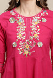 Magenta Pure Cambric Cotton Embroidered Kurta Set With Dupatta