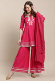 Magenta Pure Cambric Cotton Embroidered Kurta Set With Dupatta