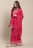 Magenta Pure Cambric Cotton Embroidered Kurta Set With Dupatta