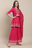 Magenta Pure Cambric Cotton Embroidered Kurta Set With Dupatta