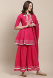 Magenta Pure Cambric Cotton Embroidered Kurta Set With Dupatta