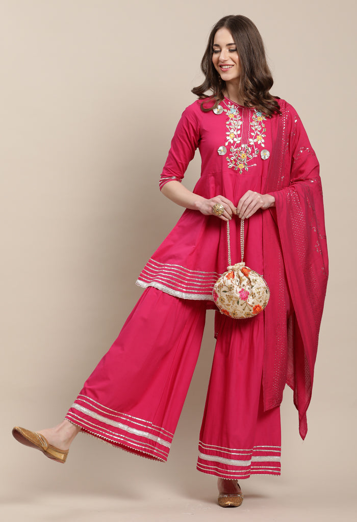 Magenta Pure Cambric Cotton Embroidered Kurta Set With Dupatta