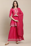 Magenta Pure Cambric Cotton Embroidered Kurta Set With Dupatta