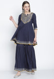 Navy Blue Pure Cambric Cotton Floral Embroidered Kurta Set With Dupatta