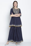 Navy Blue Pure Cambric Cotton Floral Embroidered Kurta Set With Dupatta