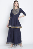 Navy Blue Pure Cambric Cotton Floral Embroidered Kurta Set With Dupatta