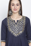 Navy Blue Pure Cambric Cotton Floral Embroidered Kurta Set With Dupatta