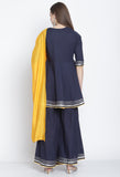 Navy Blue Pure Cambric Cotton Floral Embroidered Kurta Set With Dupatta