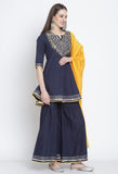 Navy Blue Pure Cambric Cotton Floral Embroidered Kurta Set With Dupatta