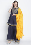 Navy Blue Pure Cambric Cotton Floral Embroidered Kurta Set With Dupatta