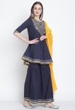 Navy Blue Pure Cambric Cotton Floral Embroidered Kurta Set With Dupatta