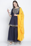 Navy Blue Pure Cambric Cotton Floral Embroidered Kurta Set With Dupatta