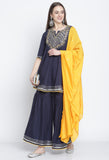 Navy Blue Pure Cambric Cotton Floral Embroidered Kurta Set With Dupatta