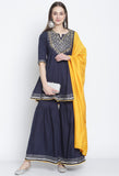 Navy Blue Pure Cambric Cotton Floral Embroidered Kurta Set With Dupatta