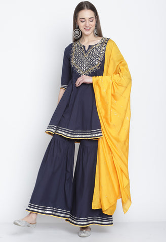 Navy Blue Pure Cambric Cotton Floral Embroidered Kurta Set With Dupatta