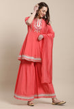 Peach Pure Cambric Cotton Embroidered Kurta Set With Dupatta