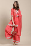 Peach Pure Cambric Cotton Embroidered Kurta Set With Dupatta