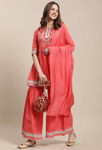 Peach Pure Cambric Cotton Embroidered Kurta Set With Dupatta