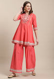 Peach Pure Cambric Cotton Embroidered Kurta Set With Dupatta