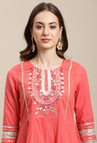 Peach Pure Cambric Cotton Embroidered Kurta Set With Dupatta