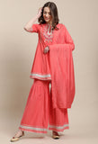 Peach Pure Cambric Cotton Embroidered Kurta Set With Dupatta