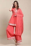 Peach Pure Cambric Cotton Embroidered Kurta Set With Dupatta