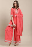 Peach Pure Cambric Cotton Embroidered Kurta Set With Dupatta