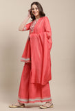 Peach Pure Cambric Cotton Embroidered Kurta Set With Dupatta