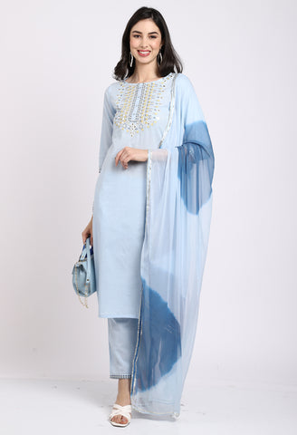 Pure Cambric Cotton Embroidered Kurta Set With Dupatta