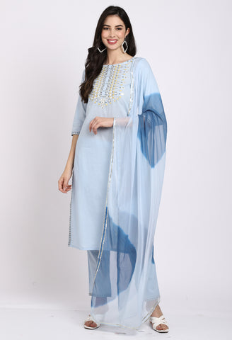 Pure Cambric Cotton Embroidered Kurta Set With Dupatta