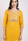 Yellow Pure Cotton Lurex Embroidered Kurta Set With Dupatta