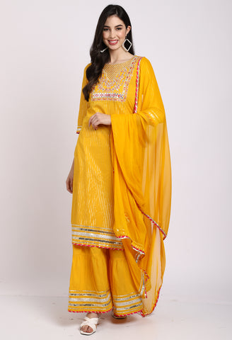 Yellow Pure Cotton Lurex Embroidered Kurta Set With Dupatta