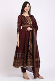 Wine Pure Cambric Cotton Floral Printed Kurta Set With Dupatta