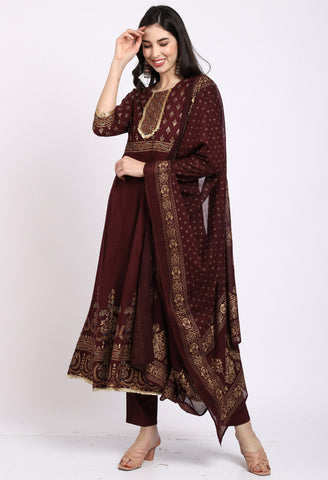 Wine Pure Cambric Cotton Floral Printed Kurta Set With Dupatta