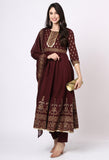 Wine Pure Cambric Cotton Floral Printed Kurta Set With Dupatta